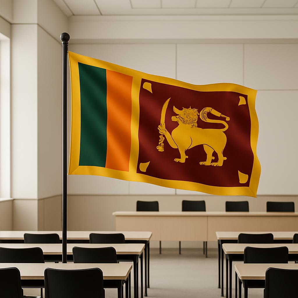A flag of Sri Lanka in a large empty classroom setting.